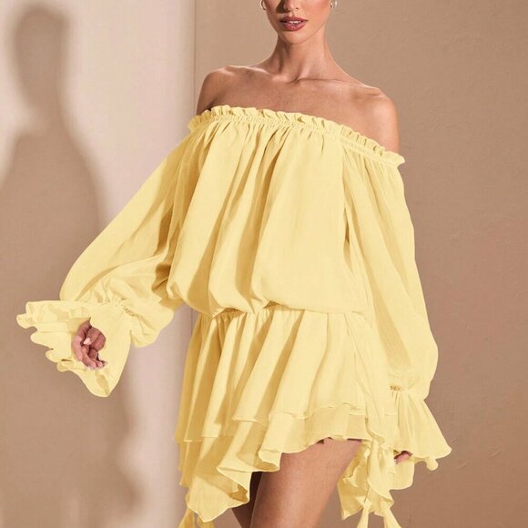 Yellow Boho Women's Elegant French Style Off Shoulder Long Sleeve Shirt Dress - Picture 7 of 9